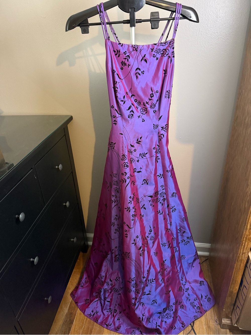 Betsy & Adam by Jaslene 6 Purple/Black Floral Square Neck Satin Long Gown